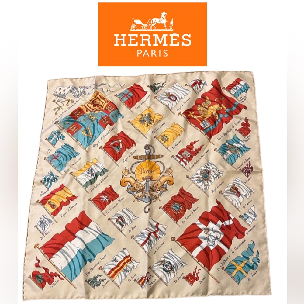 Hermès Vintage 1964 Cream Pavois Flag Silk Petit Scarf